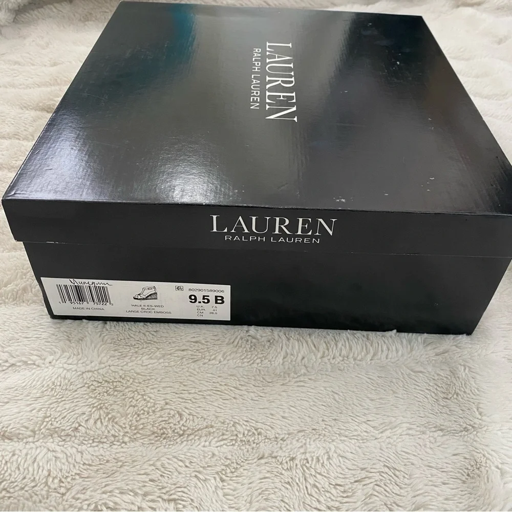 Lauren Ralph Lauren Hale II Black Leather Croc Espadrille Wedges Size 9.5